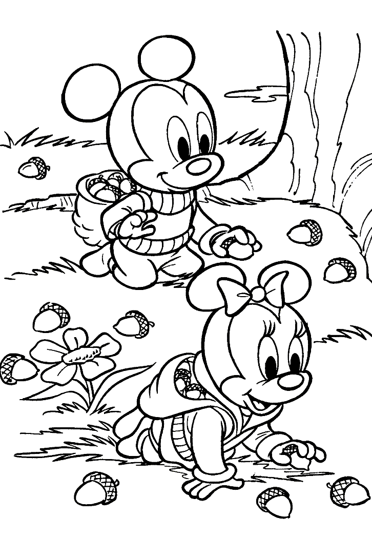 Two Mickey Mouse are collecting acorns coloring page
